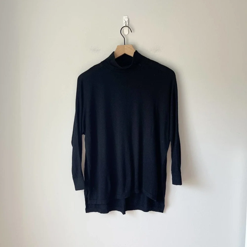 Kokun Women's Black Bamboo Cashmere Blend Mock Neck Pullover Sweater Size Small
